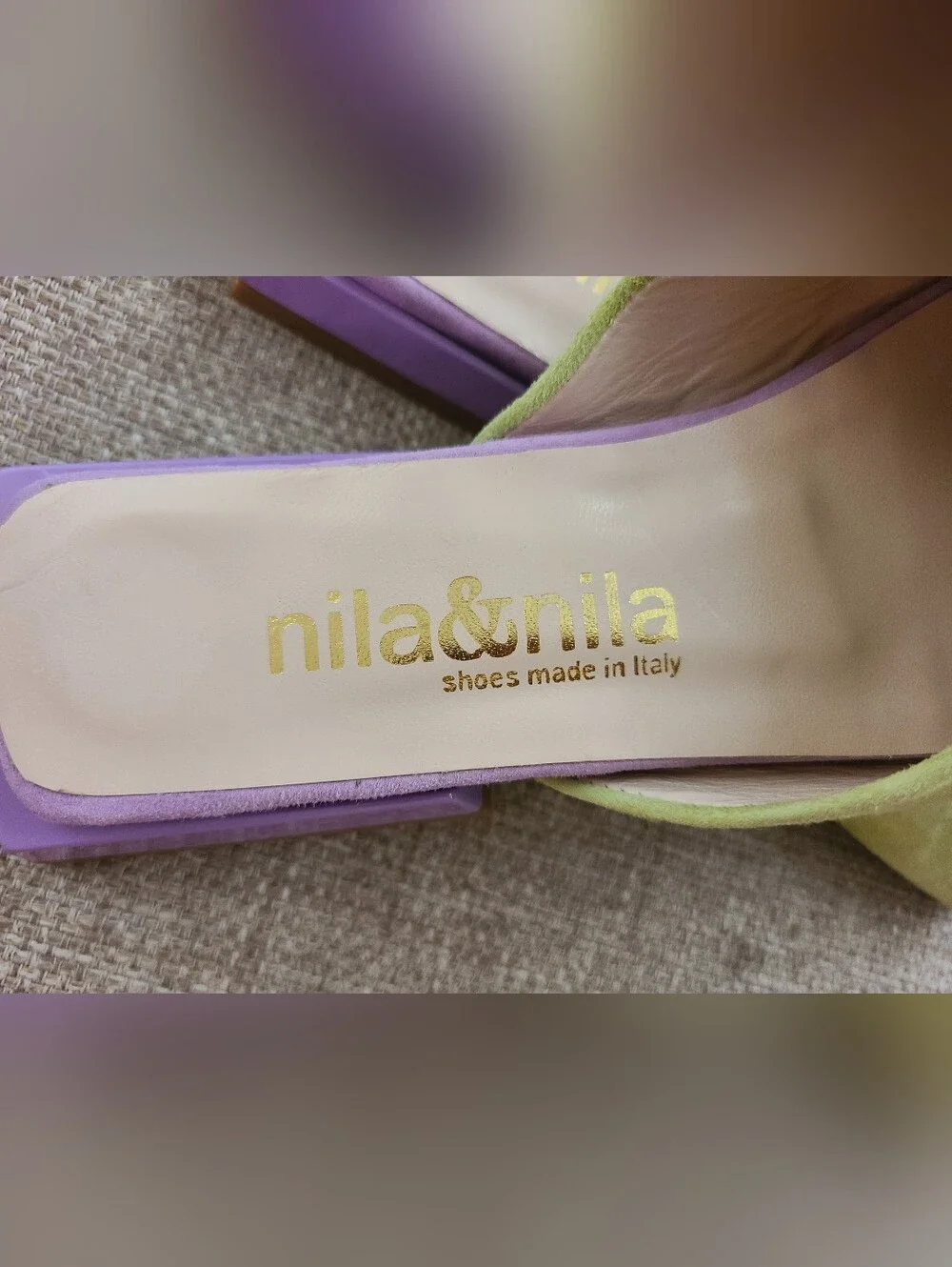 Nila & Nila ltaly Block Heel Bow Slides Green Purple NEW SIZE 5.5